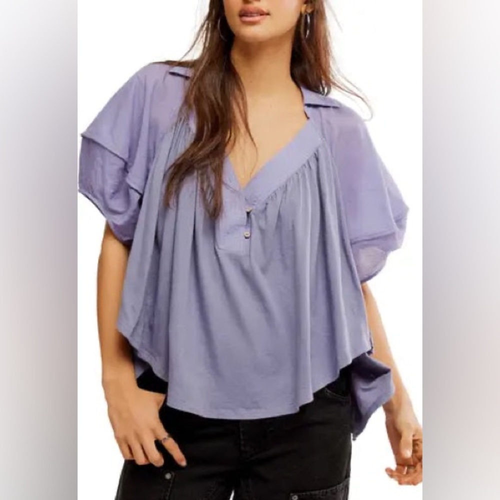 NWT Free People Sunray Cotton Jersey Babydoll Top in Blue size S